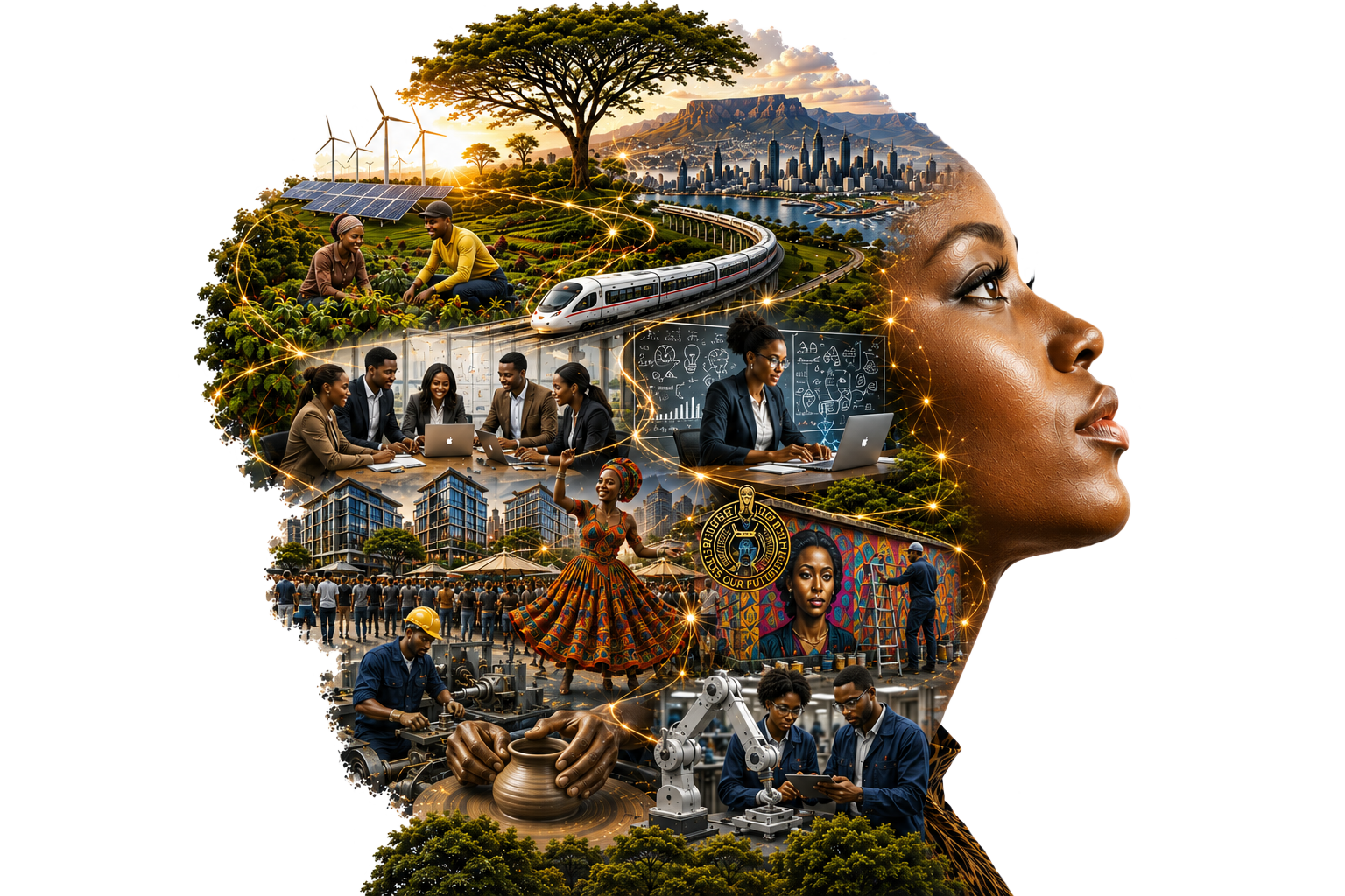 Portrait of a woman with a collage of African prosperity scenes forming her silhouette
